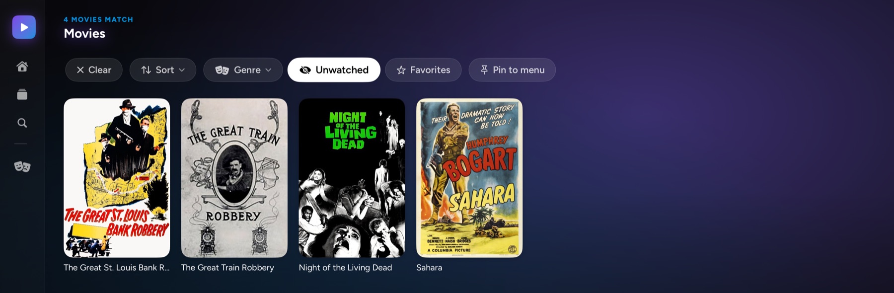 A movie library with Clear, Sort, Genre, Unwatched, Favorites and Pin to menu chips above the posters, filtered to four unwatched films.