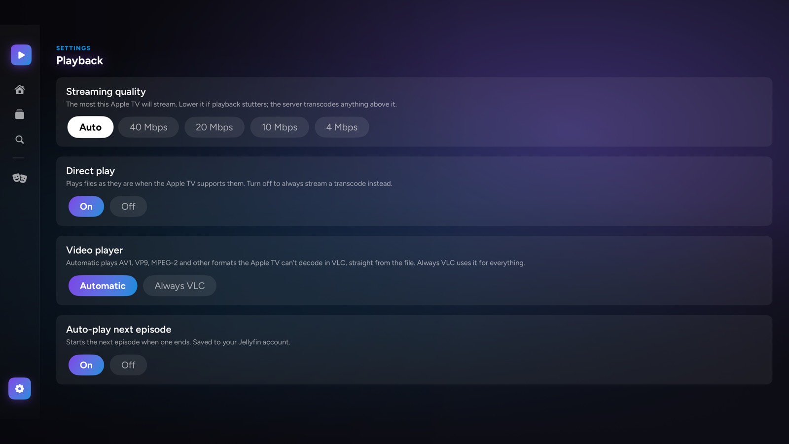 The playback settings page with streaming quality, direct play, video player and auto-play options.